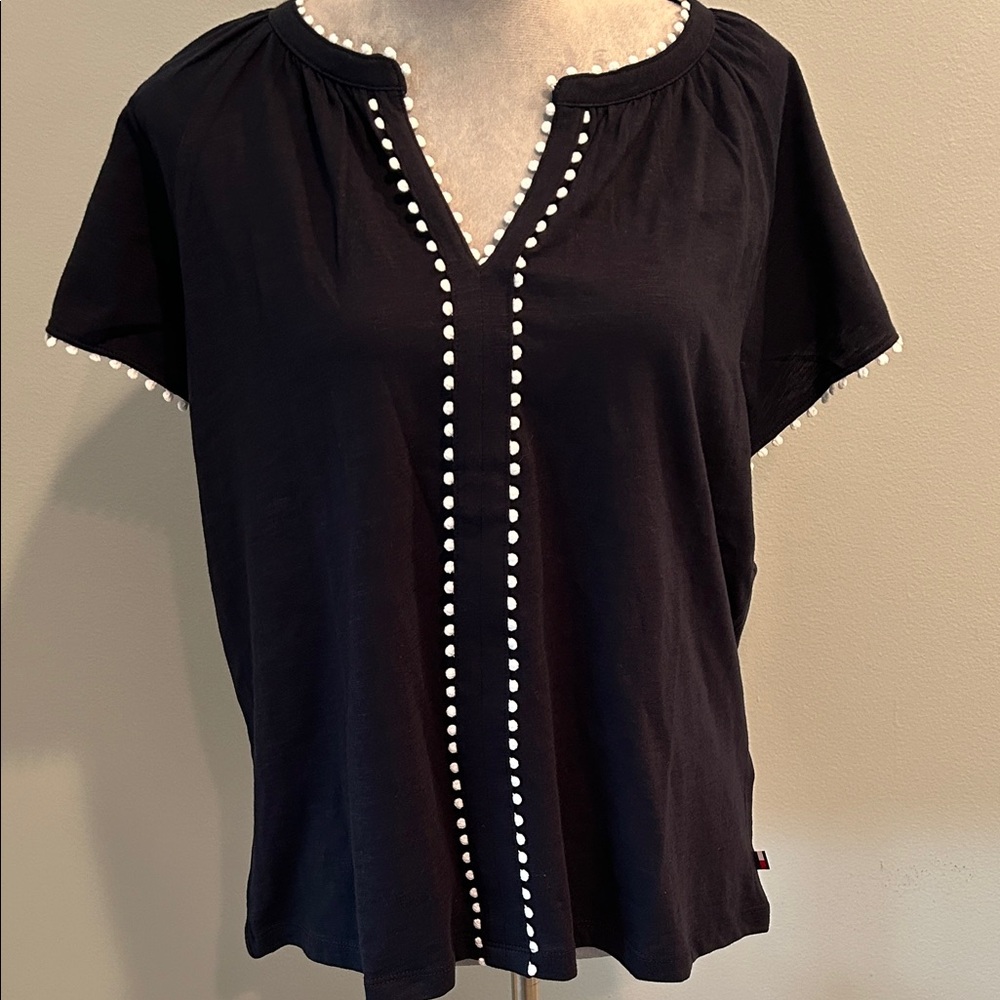 Tommy Hilfiger Navy Short Sleeve Tee with Pompom Trim L